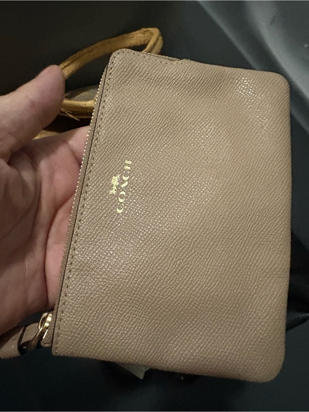 Coach Pebbled Leather Wristlet in Taupe with Gold Logo